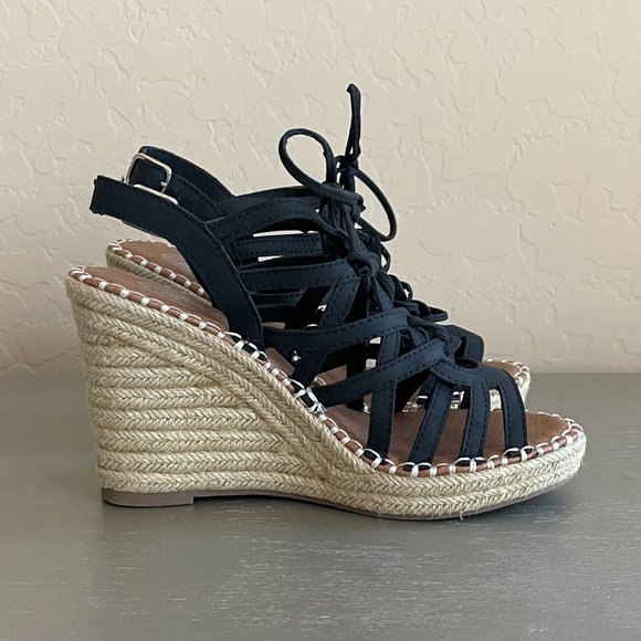 SO Kohls 6 Ketch Black Lace Up Jute Platform Wedge Espadrille Sandals Worn Once! - Picture 10 of 11